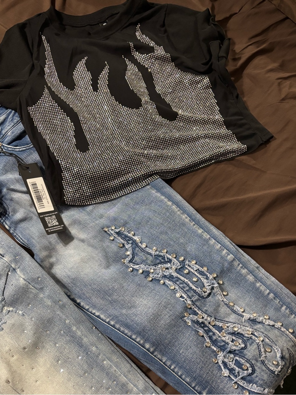 Light Blue Embellished Women’s Boyfriend Jeans Flames with Rhinestone Detail